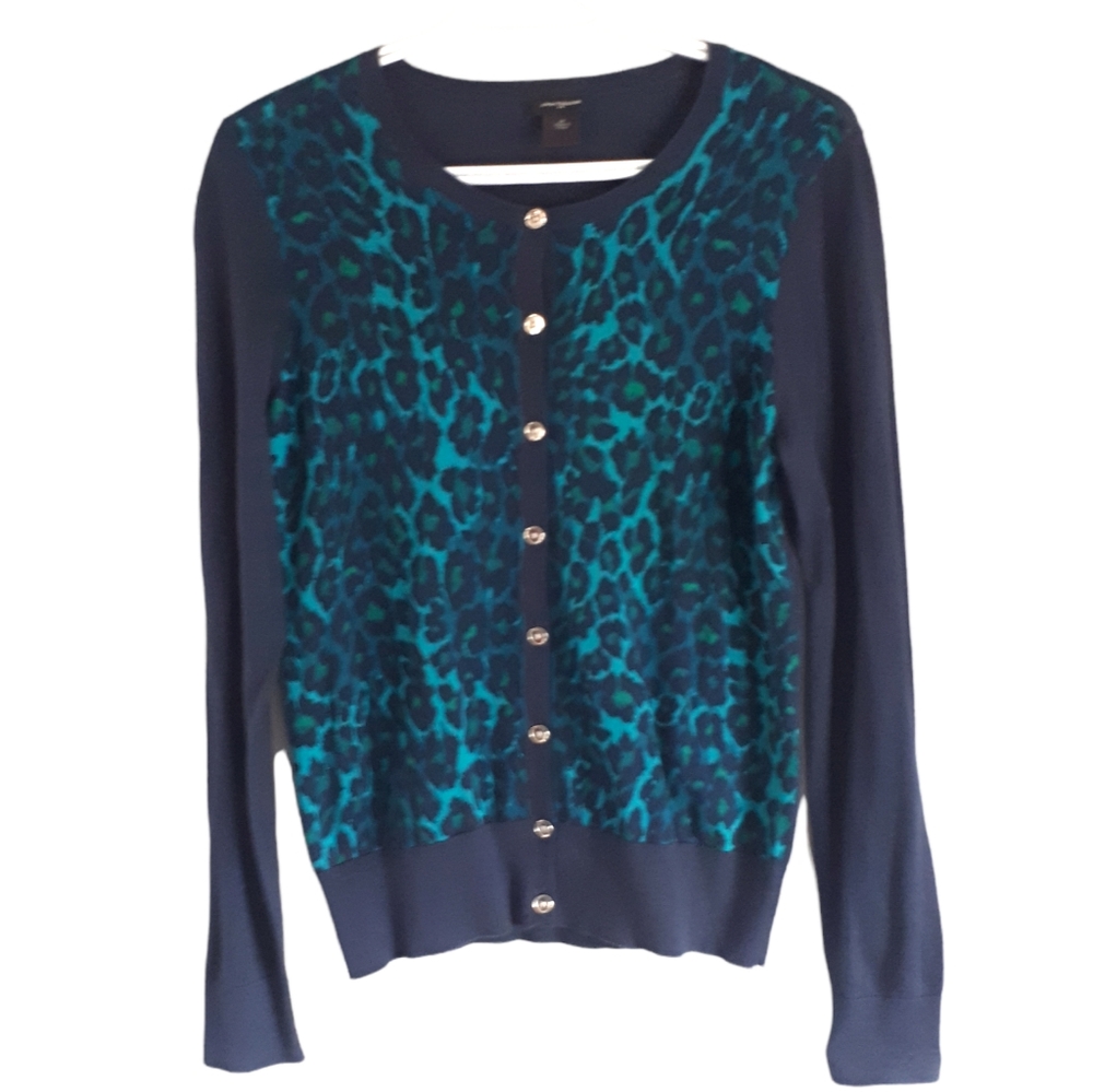 Teal and Navy Leopard Print Cardigan Medium